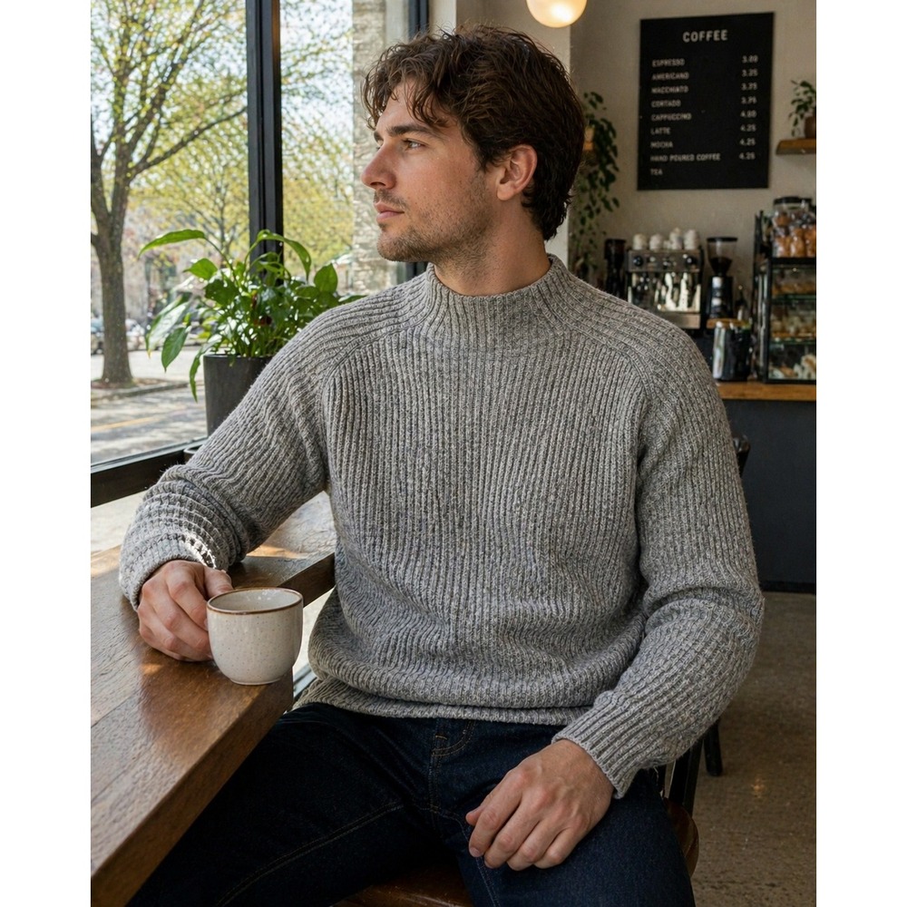 Woolrich Lambswool Rib Knit Sweater Gray Heather Pullover Mens L Mock Neck